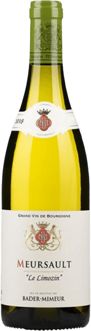 Bader-Mimeur - Meursault AC Le Limozin Het label van de wijnfles is traditioneel en elegant, met een centraal familiewapen dat prominent aanwezig is. Er zijn klassieke lettertypen gebruikt voor de naam van de wijn en het domein. Het ontwerp straalt een gevoel van geschiedenis en verfijning uit.