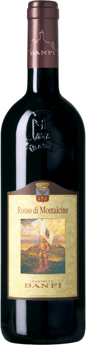Banfi Srl - Rosso di Montalcino DOC Castello Banfi Het label toont een schilderachtig landschap met wijngaarden en een man die een vlag vasthoudt. Bovenaan het label is er een familiewapen te zien.