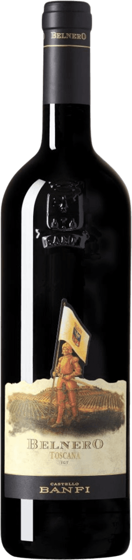 Banfi Srl - Toscana IGT Castello Banfi Belnero 2017 Het label toont een ridder in harnas die een vlag vasthoudt. Op de achtergrond zijn wijngaarden zichtbaar. De vlag heeft een familiewapen en het geheel geeft een klassieke uitstraling.