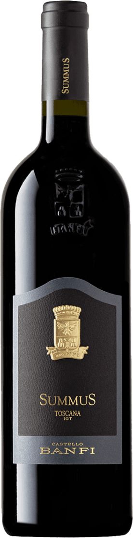 Toscana IGT Castello Banfi Summus 2019 Het label toont een gouden familiewapen met een kroon bovenaan. Het wapen is centraal geplaatst op een donker achtergrond. Onder het wapen staat in goudkleurige letters 'Summus' en daaronder 'Toscana IGT'. Onderaan het label staat 'Castello Banfi' in kleinere letters.