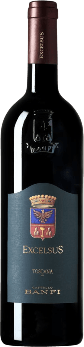 Het label toont een familiewapen met een kroon erboven. Het wapen heeft een blauwe achtergrond met een gouden adelaar en rode details. Onder het wapen staat de naam 'Excelsus' in goudkleurige letters, gevolgd door 'Toscana' en 'Castello Banfi'.