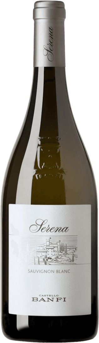 Banfi Srl - Toscana IGT Banfi Toscana Serena Sauvignon blanc Het label toont een gedetailleerde tekening van een kasteel of wijnhuis, met daarboven de naam 'Serena' in sierlijke letters. Onder de tekening staat 'Sauvignon Blanc' en onderaan het label is 'Castello Banfi' vermeld. Het ontwerp is minimalistisch en elegant.