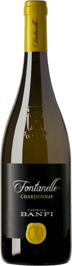 Banfi Srl - Toscana IGT Banfi Toscana, Fontanelle Chardonnay Het label is zwart met stijlvolle, sierlijke witte en gele letters. Onderaan het label zit een opvallende gele zegel met een wapen of familielogo erop. Het geheel oogt klassiek en elegant, met weinig illustraties behalve het zegel.