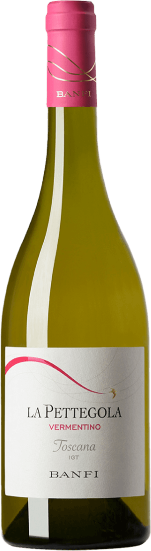 Banfi Srl - La Pettegola Vermentino Het label van de wijnfles is wit met daarop minimalistische en sierlijke elementen. Er is een roze golvende lijn die diagonaal over het label loopt, wat een gevoel van beweging en elegantie geeft. In het midden staat de naam 'La Pettegola' in grote letters, gevolgd door 'Vermentino' in rode letters eronder. Onderaan staan de woorden 'Toscana IGT' en 'Banfi'.