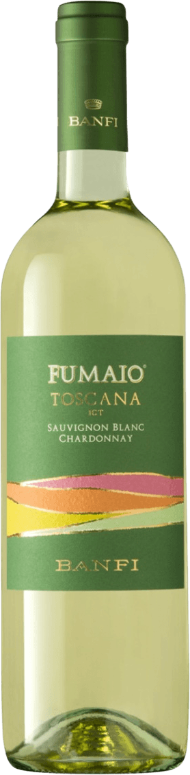 Banfi Srl - Toscana IGT Banfi Toscana Fumaio Het label is groen met daarop de naam 'Fumaio' in grote witte letters. Onder de naam staan de woorden 'Toscana IGT' en 'Sauvignon Blanc Chardonnay'. Onderaan het label staat 'Banfi'. Er zijn abstracte, golvende lijnen in roze, geel, oranje en wit over het groene label.