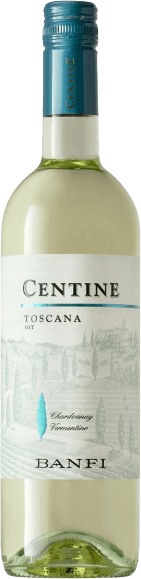 Centino Bianco Het label toont een landschap met cipressen en een kasteel op de achtergrond. De naam 'Centine' staat prominent bovenaan, gevolgd door 'Toscana IGT'. Onderaan het label staan de druivensoorten vermeld: Chardonnay en Vermentino.