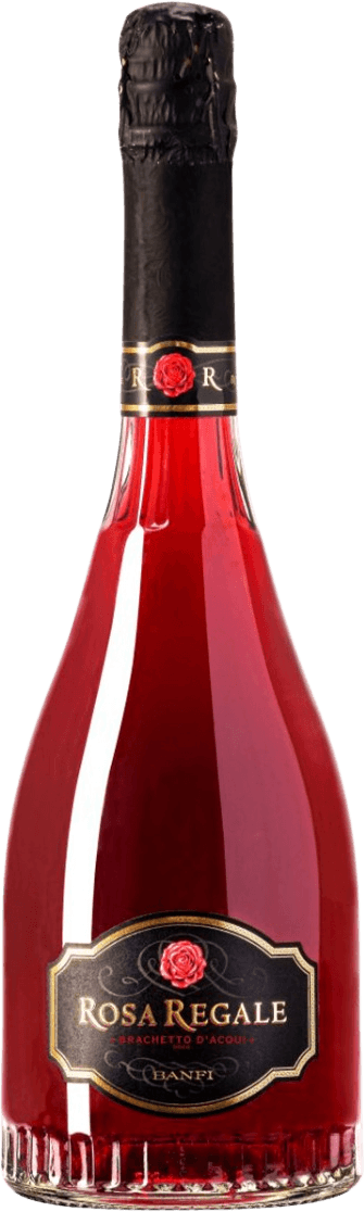 Banfi Srl - Rosa Regale Het label van de wijnfles toont een centrale afbeelding van een rode roos. De achtergrond is zwart met gouden randen en versieringen, wat het geheel een elegante uitstraling geeft. De naam 'Rosa Regale' staat prominent in goudkleurige letters.
