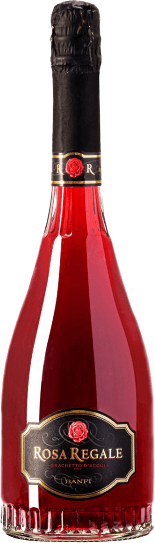 Banfi Srl - Rosa Regale Het label van de wijnfles toont een sierlijk ontwerp met een centrale rode roos boven de naam 'Rosa Regale'. De achtergrond is zwart, wat elegantie uitstraalt. De tekst is in goudkleurige letters geschreven, wat contrasteert met de donkere achtergrond en bijdraagt aan een luxe uitstraling.