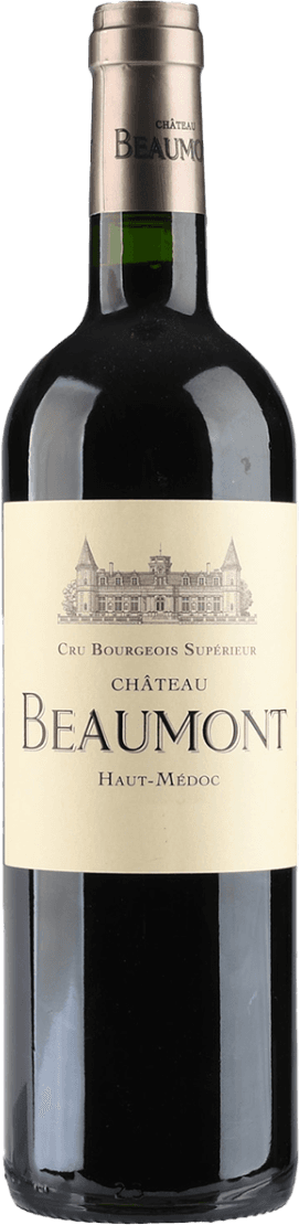 Haut-Médoc AC Het label is klassiek en traditioneel vormgegeven. Bovenaan staat een gedetailleerde lijntekening van een kasteel (château). Daaronder staat in grote, duidelijke letters de naam 'BEAUMONT' met kleinere tekst erboven en eronder. Het label heeft een crèmekleurige achtergrond en verder weinig opvallende visuele elementen.