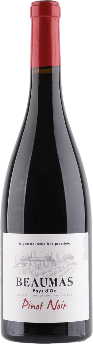 Cellier du Pic - Pays d'Oc IGP Beaumas Pinot Noir Het label toont een schets van een wijngaardlandschap met enkele gebouwen en bomen. De naam 'BEAUMAS' is prominent aanwezig in grote letters, terwijl 'Pays d'Oc' en andere teksten kleiner zijn weergegeven. Het geheel heeft een minimalistische uitstraling.