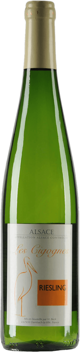 Domaine Hubert Beck - Alsace AC Riesling Cigognes Het label van de wijnfles toont een elegante lijntekening van een ooievaar. De achtergrond is wit met subtiele grijze tinten en er is een opvallend oranje vlak waarop 'RIESLING' staat geschreven. De naam 'Les Cigognes' is in sierlijke letters weergegeven.