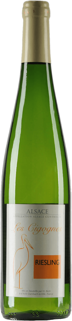 Domaine Hubert Beck - Alsace AC Riesling Cigognes Op het label staat een gestileerde afbeelding van een ooievaar. De achtergrond is wit met tekst en een oranje vlak waarop 'RIESLING' staat.