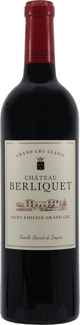 Het label toont een tekening van een kasteel of wijnhuis, met daarboven de tekst 'Grand Cru Classé' en 'Château Berliquet'. Onderaan staat 'Saint-Emilion Grand Cru'. Er is ook een familiewapen afgebeeld boven de naam.