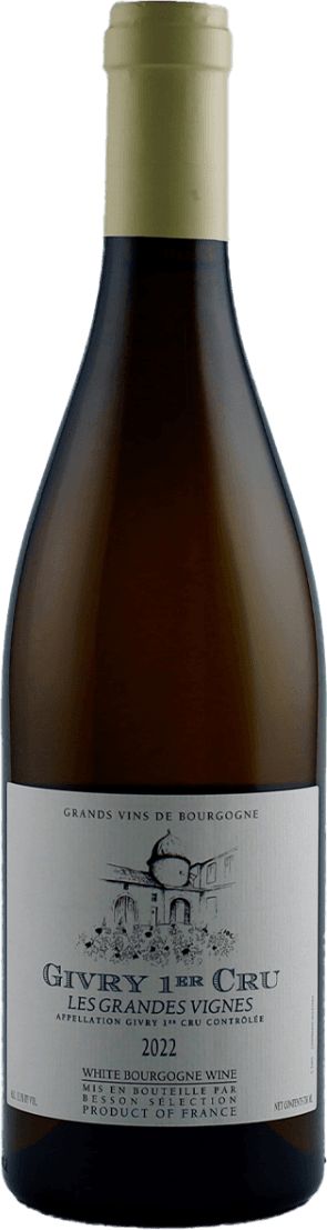 Domaine Besson - Givry AC Les Grandes Vignes 1ER Cru 2022 Het label toont een tekening van een traditioneel gebouw of kasteel, met de tekst 'GIVRY 1ER CRU LES GRANDES VIGNES' prominent weergegeven. De jaartal 2022 is ook zichtbaar op het label.