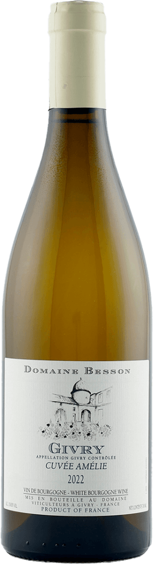 Givry AC Cuvée Amélie 2022 Het label toont een tekening van een gebouw dat lijkt op een kasteel of wijnhuis, met daaronder bloemen. De tekst op het label vermeldt de naam van de wijn en het jaartal.