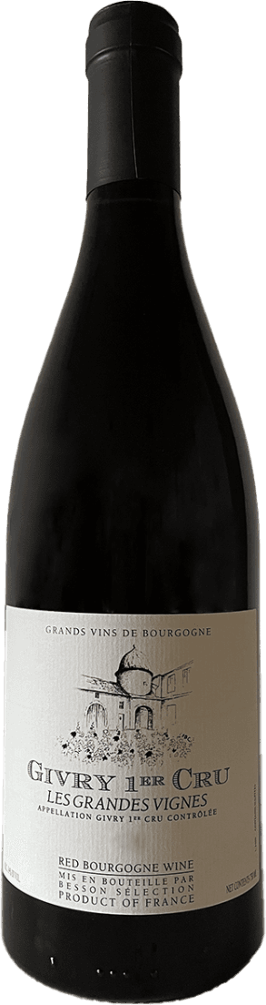 Givry AC Les Grandes Vignes 1ER 2022 Het label toont een gedetailleerde schets van een gebouw of kasteel. Bovenaan staat de tekst 'GRANDS VINS DE BOURGOGNE', en daaronder in grote letters 'GIVRY 1ER CRU' met daaronder 'LES GRANDES VIGNES'. Onderaan het label staat nog meer tekst over de wijn, zoals 'RED BOURGOGNE WINE'.