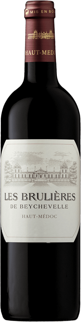 Château Beychevelle - Brulières de Beychevelle 2020 Haut-Médoc AC Het label toont een gedetailleerde tekening van een kasteel of wijnhuis. De naam 'LES BRULIÈRES DE BEYCHEVELLE' staat in grote letters centraal op het label, met daaronder 'HAUT-MÉDOC'. Bovenaan het label is er een kleine afbeelding van het kasteel.