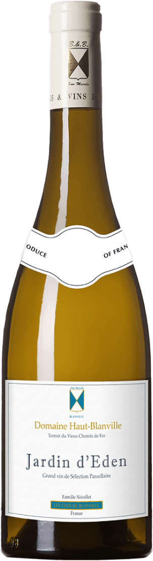 Languedoc AOP Jardin d'Eden 2018 Het label is wit met een minimalistisch ontwerp. Er staat 'Jardin d'Eden' in grote letters, en daarboven 'Domaine Haut-Blanville'. Het logo van de wijnmakerij, een gestileerd schild of embleem, is ook aanwezig. Onderaan het label staat 'Famille Nivollet' en 'Les Clos de Blanville'.