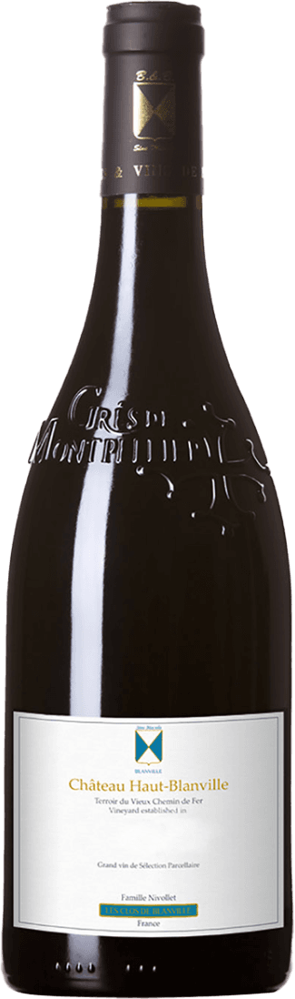 Languedoc Grés de Montpellier AC 1955 2017 Het label van de wijnfles heeft een minimalistisch ontwerp met een wit achtergrond. In het midden staat een gestileerd familiewapen of logo met geometrische vormen in blauw en goud. Daaronder staat de naam 'Château Haut-Blanville' in goudkleurige letters, gevolgd door kleinere tekstregels die informatie over de wijn geven.