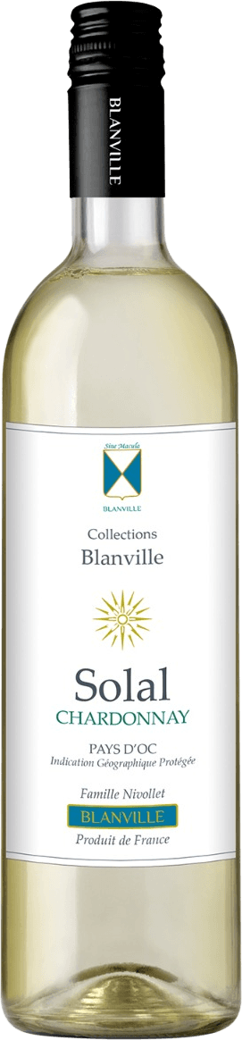 Château Haut-Blanville - Pays d'Oc IGP Solal Chardonnay 2020 Het label heeft een minimalistisch ontwerp met een wit achtergrond. Bovenaan staat een familiewapen in blauw en goud. Onder het wapen staan de woorden 'Collections Blanville'. In het midden van het label is er een gestileerde zon in goud, gevolgd door de naam 'Solal Chardonnay' in groene letters. Onderaan staan kleinere teksten met informatie over de wijn.