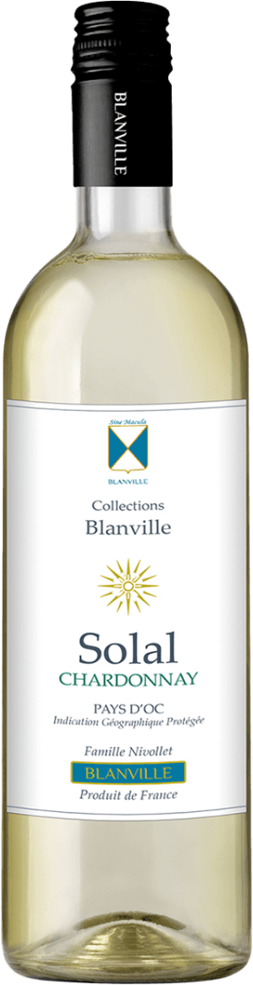 BLANV - Pays d'Oc IGP Solal, Chardonnay Het label is wit met een centraal geplaatst zonembleem in goud/geel. Bovenaan staat een blauw schild met een gouden kruis. De tekst op het label is in verschillende lettertypen en kleuren, waaronder zwart en groen, met de naam 'Solal Chardonnay' prominent aanwezig.