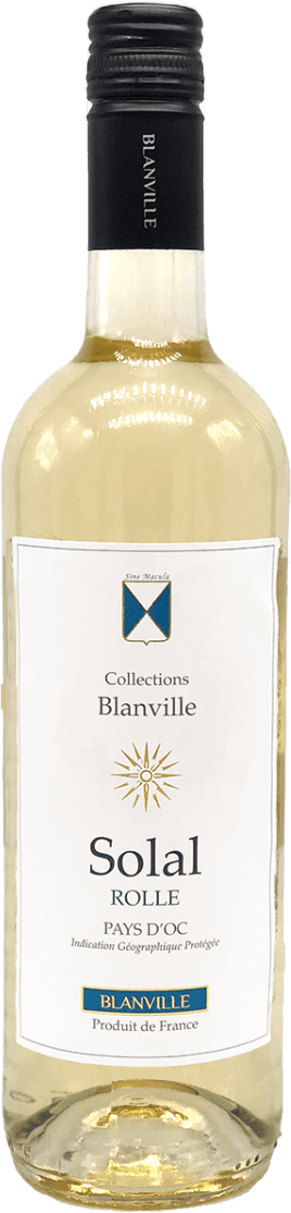 Château Haut-Blanville - Pays d'Oc IGP Solal, Rolle Vermentino Het label is wit met een minimalistisch ontwerp. Bovenaan staat een familiewapen in blauw en goud. Onder het wapen staat de tekst 'Collections Blanville'. Centraal op het label staat de naam 'Solal Rolle' met daaronder kleinere teksten over de wijnsoort en herkomst. Er is ook een goudkleurig zonachtig symbool afgebeeld onder de naam.