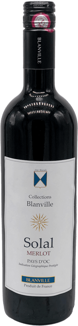 Château Haut-Blanville - Pays d'Oc IGP Solal Merlot Het label heeft een minimalistisch ontwerp met een wit achtergrond. Bovenaan staat een klein familiewapen in blauw en goud. Onder het wapen staat de tekst 'Collections Blanville'. In het midden van het label is er een zonachtig symbool met stralen, en daaronder staat groot 'Solal Merlot' in blauwe letters. Onderaan staan kleinere teksten die verwijzen naar de herkomst van de wijn.