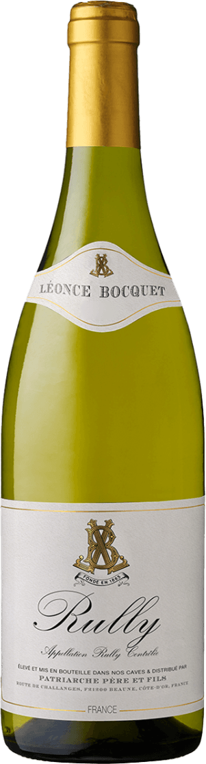 Rully AC Les Cailloux 2020 Het label van de wijnfles toont een traditioneel ontwerp met de naam "Léonce Bocquet" bovenaan en "Rully" in grote letters daaronder. Er is een familiewapen of embleem afgebeeld tussen de teksten. Het geheel heeft een klassieke uitstraling.