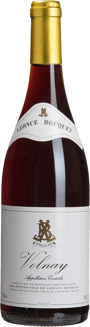 Léonce Bocquet - Volnay AC 2015 Het label toont een traditioneel ontwerp met de naam 'Léonce Bocquet' prominent bovenaan. In het midden is een embleem of monogram te zien, mogelijk een familiewapen of logo, in goudkleur. Daaronder staat 'Volnay' in sierlijke letters, gevolgd door kleinere tekst die verwijst naar de herkomst van de wijn en producent.