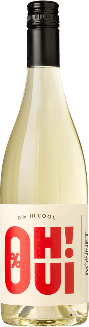Oh Oui Sauvignon Blanc 0% ALC. Het label is minimalistisch en modern vormgegeven met een grote, opvallende rode tekst 'OH OUI!' en '0% ALCOOL' erboven. De letters zijn groot, vetgedrukt en nemen bijna het hele label in beslag. Verder is er weinig tot geen illustratie of afbeelding aanwezig; de focus ligt volledig op typografie.