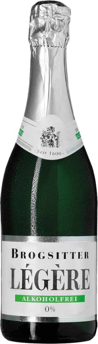 Légère Sparkling 0% Alc. Het label van de wijnfles toont een klassiek ontwerp met de naam 'Brogsitter Légère' prominent in grote letters. Bovenaan staat een familiewapen of embleem, en onderaan de tekst 'Alkoholfrei 0%'. Het design is minimalistisch met een focus op typografie en het wapen.