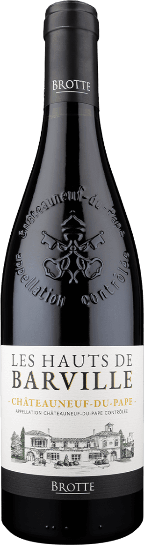 Brotte - Châteauneuf-du-Pape AC Les Hauts de Barville Het label toont een gedetailleerde tekening van een klassiek gebouw, waarschijnlijk een kasteel of wijnhuis, met daarboven de tekst 'Les Hauts de Barville'. De stijl is traditioneel en elegant.