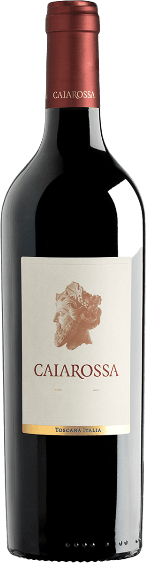 Caiarossa - Toscana IGT Het label toont een klassieke afbeelding van een stenen of marmeren hoofd, mogelijk van een mythologisch figuur of godheid. De naam 'CAIAROSSA' staat in grote, duidelijke letters onder de afbeelding. Onderaan het label staat 'TOSCANA ITALIA' in kleinere letters op een gouden achtergrond.