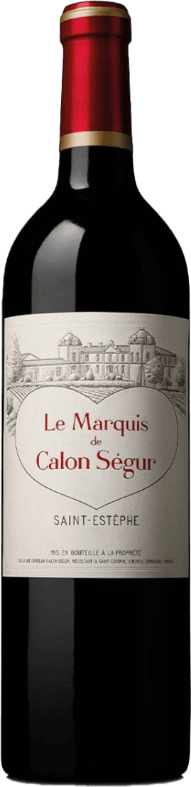 Château Calon-Segur - Le Marquis de Calon-Ségur Het wijnlabel toont een gedetailleerde tekening van een kasteel, met daaronder de naam 'Le Marquis de Calon Ségur' in rode letters. De achtergrond is eenvoudig en wit, waardoor het kasteel en de tekst opvallen.