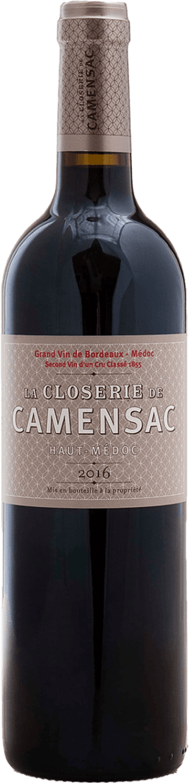 Château de Camensac - La Closerie de Camensac GCC Haut-Médoc AC Het label is minimalistisch en elegant, met een geometrisch patroon als achtergrond. De tekst 'La Closerie de Camensac' staat prominent in grote letters in het midden van het label. Bovenaan staat 'Grand Vin de Bordeaux', gevolgd door 'Médoc'. Onderaan staan details zoals 'Haut-Médoc' en het jaartal 2016.