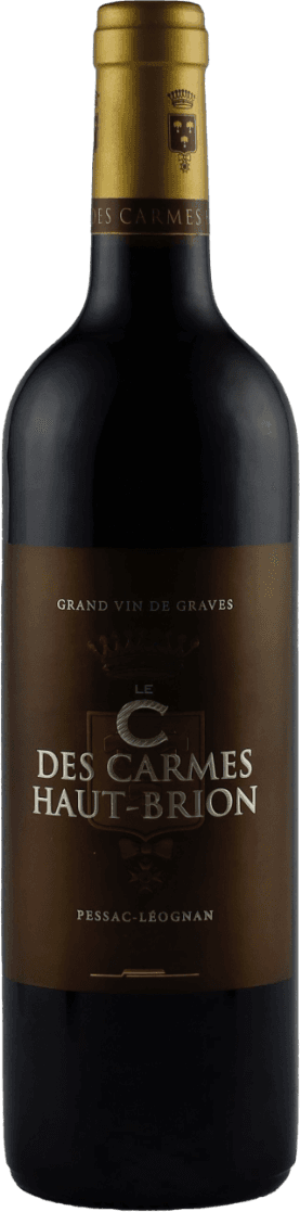 Château Les Carmes de Haut-Brion - Les C des Carmes, Pessac-Léognan AC 2020 Het label is elegant en traditioneel met een donkerbruine achtergrond. Er staat een groot, centraal geplaatst familiewapen of logo met daarboven de tekst 'Grand Vin De Graves'. De naam van de wijn 'Le C Des Carmes Haut-Brion' is prominent in het midden geprint in grote, duidelijke letters. Onderaan staat 'Pessac-Léognan'.