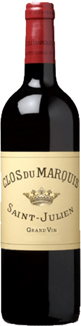 Château Léoville-Las Cases - Clos de Marquis Het label toont een gouden kroon in het midden, met daarboven de tekst 'CLOS DU MARQUIS' en daaronder 'SAINT-JULIEN'. Onderaan staat 'GRAND VIN'. Het ontwerp is vrij traditioneel en minimalistisch.