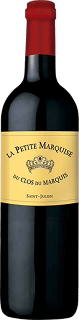 Château Léoville-Las Cases - La Petite Marquise du Clos du Marquis Het label is geel met zwarte tekst. In het midden staat een kroon afgebeeld. De naam 'La Petite Marquise du Clos du Marquis' is prominent aanwezig.