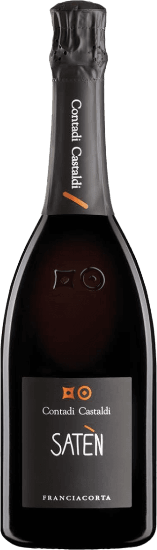 Franciacorta DOCG Satèn 2019 Het label is minimalistisch met een zwarte achtergrond. Er zijn enkele eenvoudige symbolen in oranje en witte tekst die de naam van de wijn weergeven.