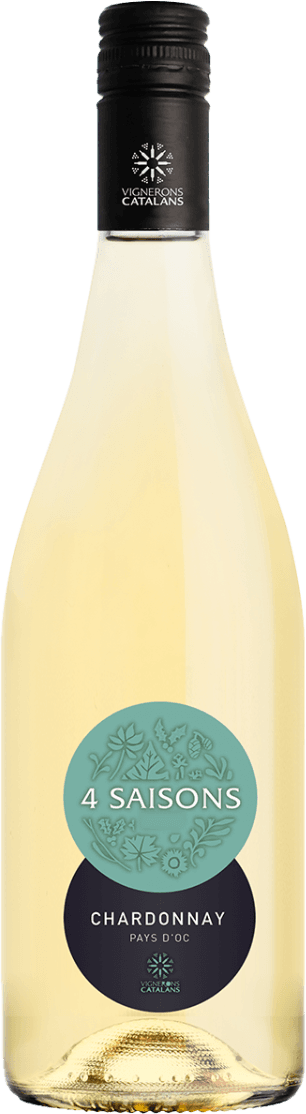 Vignerons Catalans - Pays d'Oc IGP 4 Saisons Chardonnay Het label heeft een cirkelvorm met een mintgroene bovenkant en een donkerblauwe onderkant. Op de mintgroene helft zijn abstracte afbeeldingen van bloemen en bladeren te zien, samen met de tekst '4 SAISONS'. De donkerblauwe helft bevat de tekst 'CHARDONNAY PAYS D'OC' in witte letters.