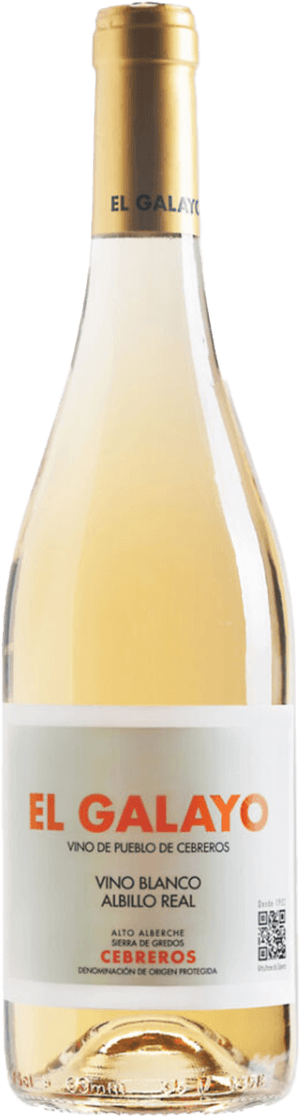 El Galayo White Orange 2023 Het label van deze wijnfles is minimalistisch en modern vormgegeven. Het heeft een witte achtergrond met grote, opvallende oranje/rode tekst 'EL GALAYO' in het midden. Daaronder staat in kleinere zwarte letters aanvullende informatie over de wijn. Er zijn verder geen afbeeldingen of illustraties aanwezig op het label; de focus ligt volledig op de typografie.
