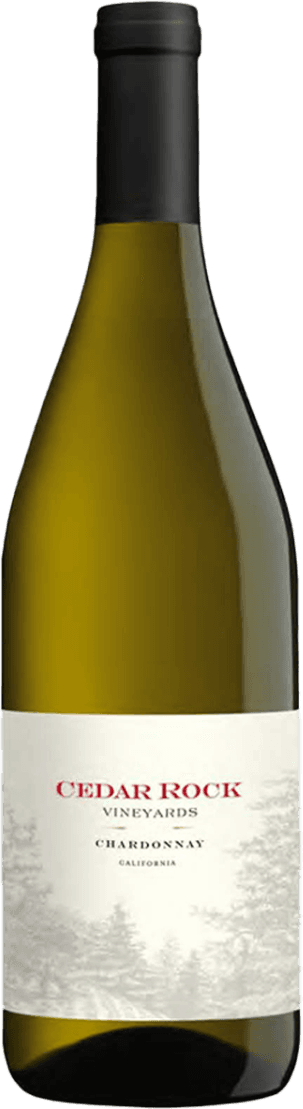 Het label toont de naam 'Cedar Rock Vineyards' in rode letters, met daaronder 'Chardonnay California' in zwarte letters. Op de achtergrond is een subtiele afbeelding van bomen of een bos te zien, wat het geheel een natuurlijk en klassiek uiterlijk geeft.