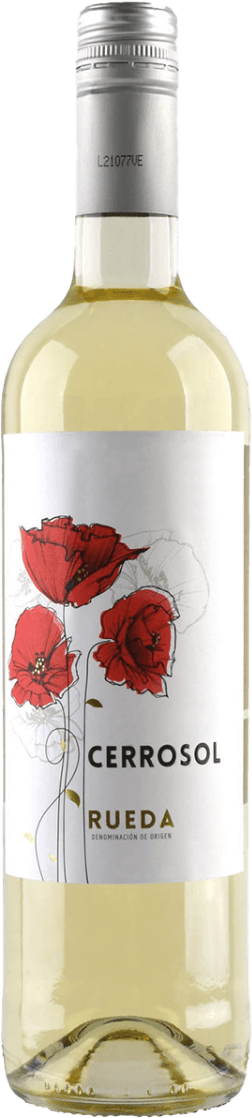 Bodegas Cerrosol - Rueda DO Verdejo Het label toont een afbeelding van drie rode bloemen, waarschijnlijk klaprozen, tegen een witte achtergrond. De bloemen zijn gedetailleerd getekend met dunne lijnen die de stelen en bladeren vormen. Onder de bloemen staat in grote letters 'CERROSOL' en daaronder in kleinere letters 'RUEDA'.