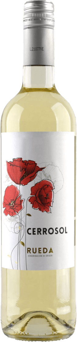 Het label toont een minimalistisch ontwerp met drie opvallende rode bloemen (klaprozen) tegen een witte achtergrond. De bloemen zijn sierlijk getekend en vormen het centrale visuele element, terwijl de rest van het label rustig en clean is gehouden. Onder de bloemen staat in eenvoudige, moderne letters de naam 'Cerrosol' en daaronder 'Rueda'.