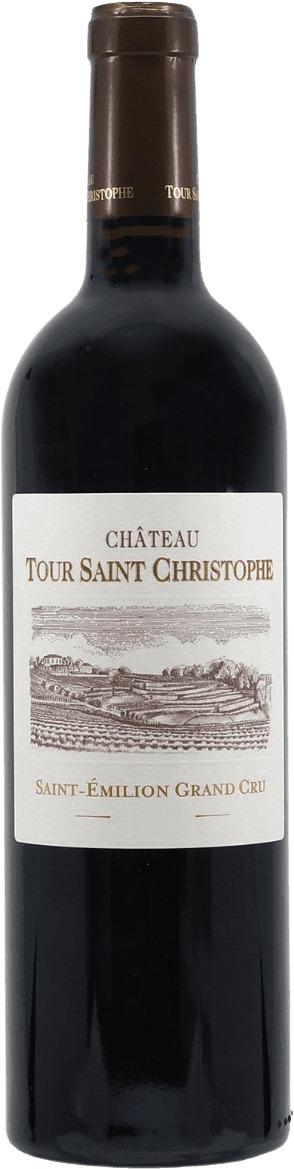 Saint Émilion AC Grand Cru 2020 Het label toont een gedetailleerde tekening van een wijngaardlandschap met wijnranken en gebouwen. De tekst op het label is in klassieke stijl, met de naam 'Château Tour Saint Christophe' prominent weergegeven.