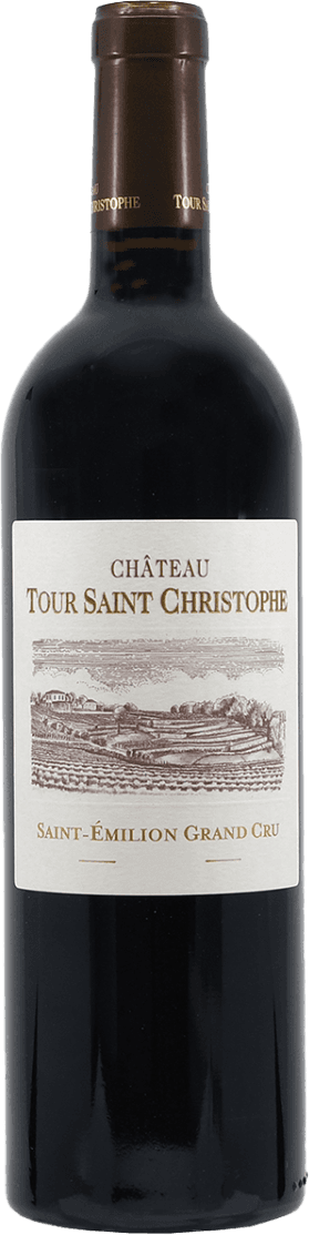 Het label toont een gedetailleerde tekening van een wijngaardlandschap met heuvels en bomen. De naam 'Château Tour Saint Christophe' staat prominent bovenaan, en daaronder de tekst 'Saint-Émilion Grand Cru'. Het geheel heeft een klassieke uitstraling.