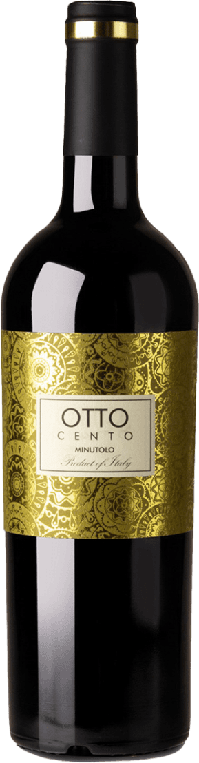 Cignomoro - Valle D'Itria IGP Ottocento Minutolo Het label heeft een gouden achtergrond met ingewikkelde patronen en zwarte tekst. Het centrale deel van het label is wit met de woorden 'OTTO CENTO MINUTOLO' in grote letters.