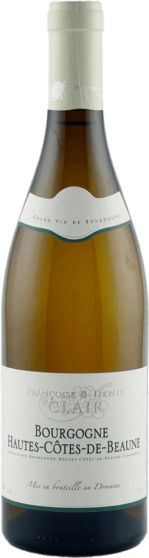 Hautes Côtes de Beaune AC Het label is klassiek en minimalistisch vormgegeven, voornamelijk wit met groene accenten. Het bevat sierlijke, traditionele typografie en een subtiel druivenmotief in het midden. Bovenaan het label is een golvende rand zichtbaar met de tekst 'Grand Vin de Bourgogne'. Het geheel straalt rust en traditie uit, zonder opvallende afbeeldingen of felle kleuren.