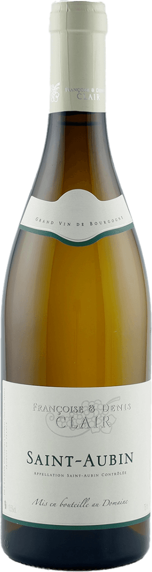 Francoise et Denis Clair - Saint Aubin AC 2022 Het label is traditioneel vormgegeven met een witte achtergrond en subtiele groene accenten. De tekst is klassiek uitgelijnd, met de naam 'Saint-Aubin' prominent in het midden. Bovenaan staat de naam van het wijnhuis 'Françoise & Denis Clair', en er zijn geen opvallende afbeeldingen of illustraties aanwezig, behalve een klein druivenmotief.
