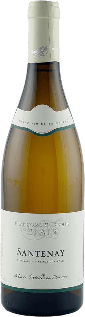 Santenay AC 2022 Het label toont een minimalistische opmaak met de naam 'Santenay' prominent in het midden. Bovenaan staat 'Françoise & Denis Clair'. Er is een subtiel familiewapen of symbool in het midden verwerkt. De tekst en symbolen zijn eenvoudig en klassiek.